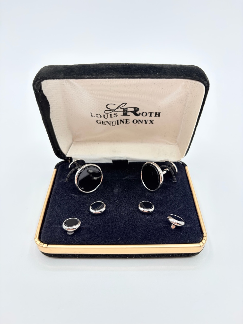 Vintage Louis Roth Genuine Onyx Cufflinks & 4 Stud Set Silver Tone Boxed